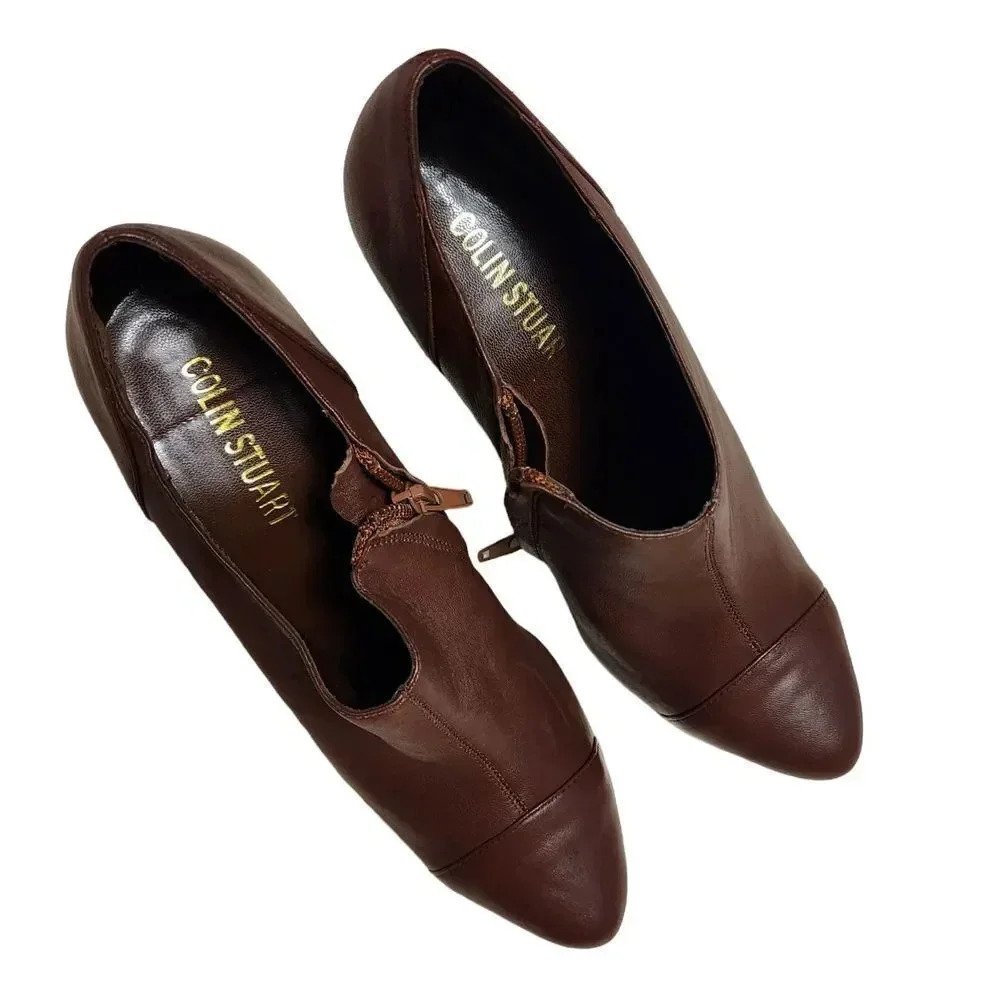 New Colin Stuart Women's Brown Leather Side Zip Ankle Block Heel Booties Size 8B